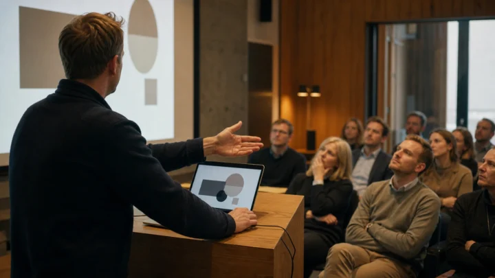 En foredragsholder demonstrerer AI live for et publikum i et lyst auditorium.
